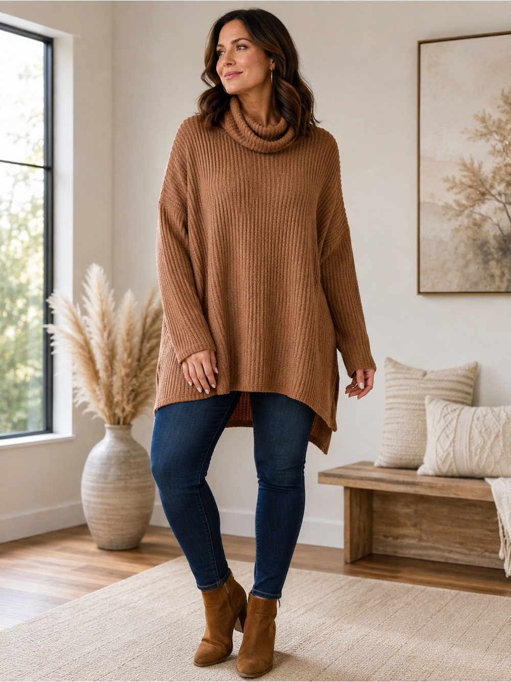 Zenana Outfitters Ribbed Cowl Neck Sweater - Camel Brown Fall Boho minimalist